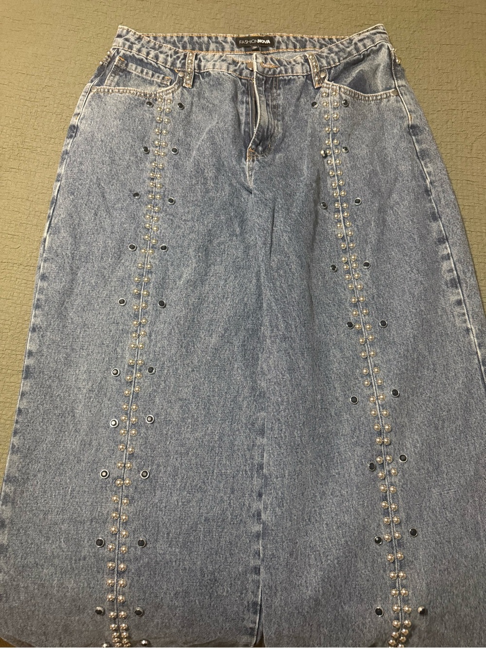 Fashion Nova Light Blue Studded Denim Straight Skirt